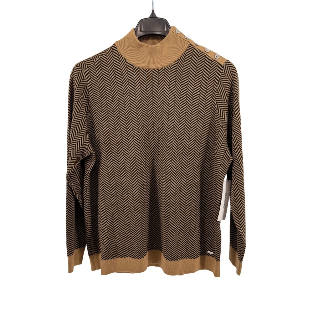 NEW Calvin Klein Herringbone Womens XL Sweater Camel Black Button Shoulder Retro